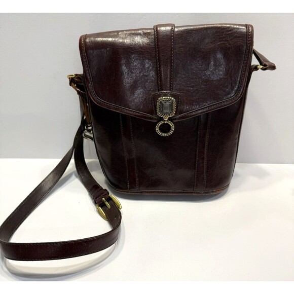 Vtg Brighton Embossed Leather Crossbody Structured Brown 90's Bucket Bag 736135 - Picture 1 of 16